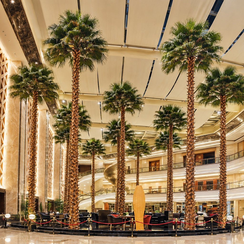Row of tall artificial palms lining the atrium of a commercial building