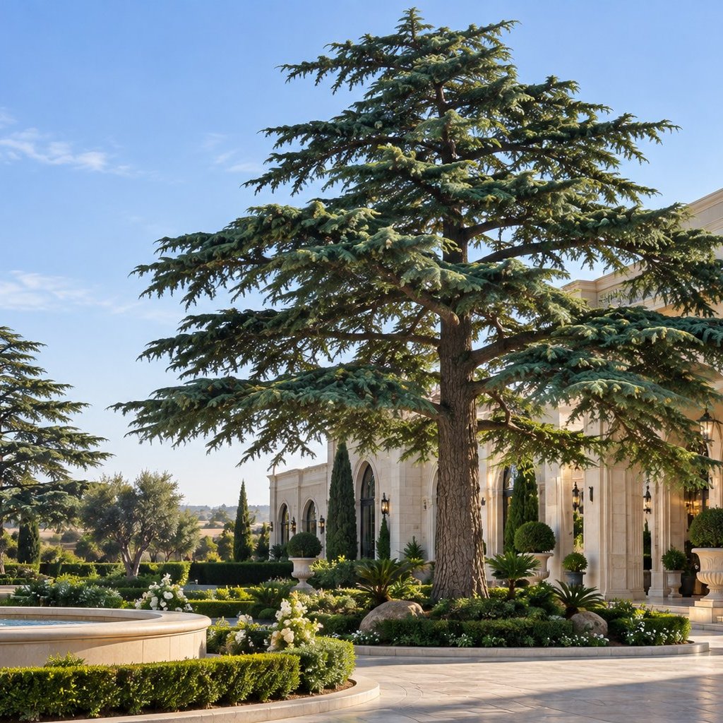 Mature artificial cedar tree on the forecourt of a private estate