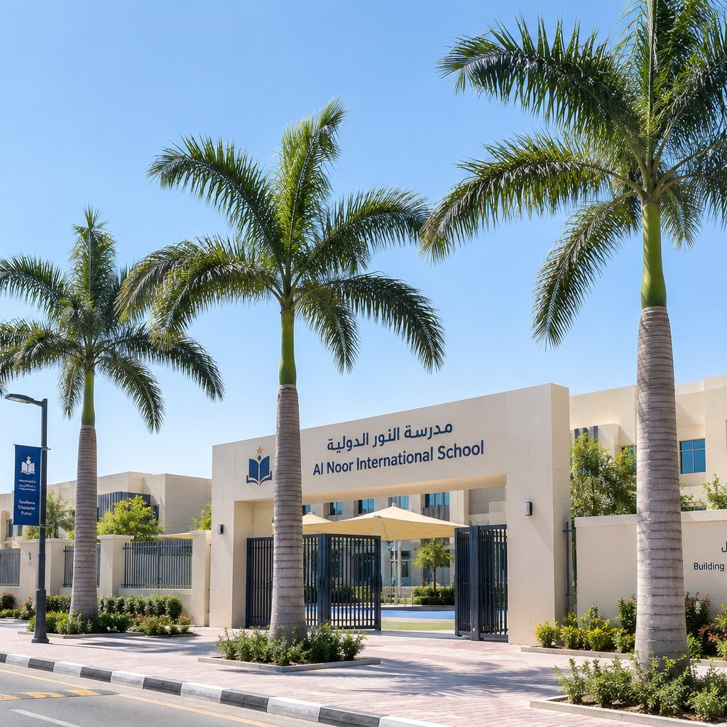 Artificial date palms along the entrance drive of an international school