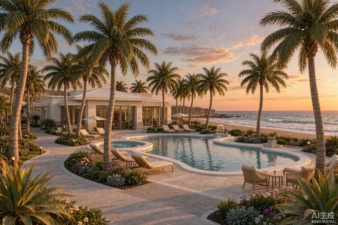 Outdoor UV-resistant artificial palm tree scape at California beach resort and spa