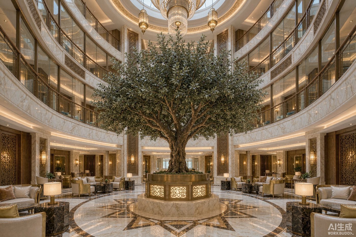 Five-star hotel atrium with a custom artificial olive tree — hospitality project