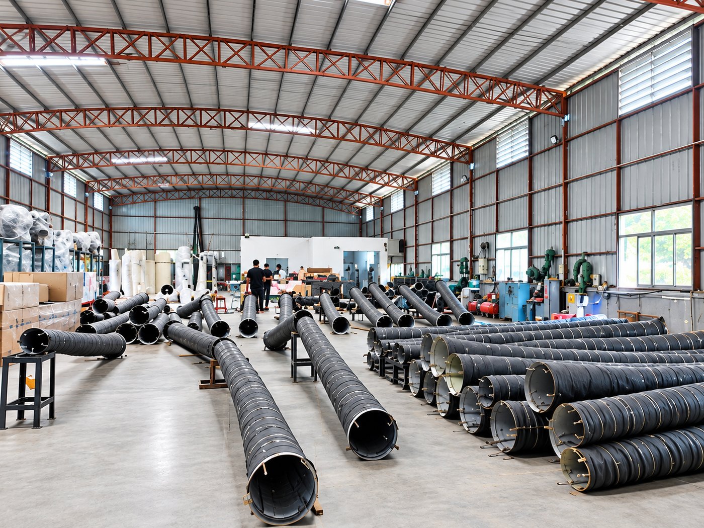 Fibreglass trunk shells, tooling and workbenches across the shopfloor of the Shenzhen artificial tree factory