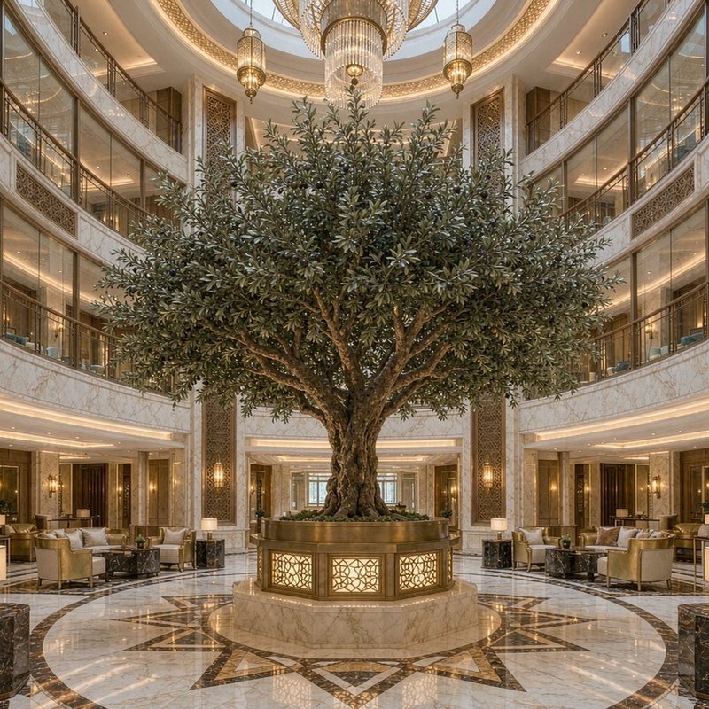 Custom artificial olive tree in the atrium of a five-star hotel