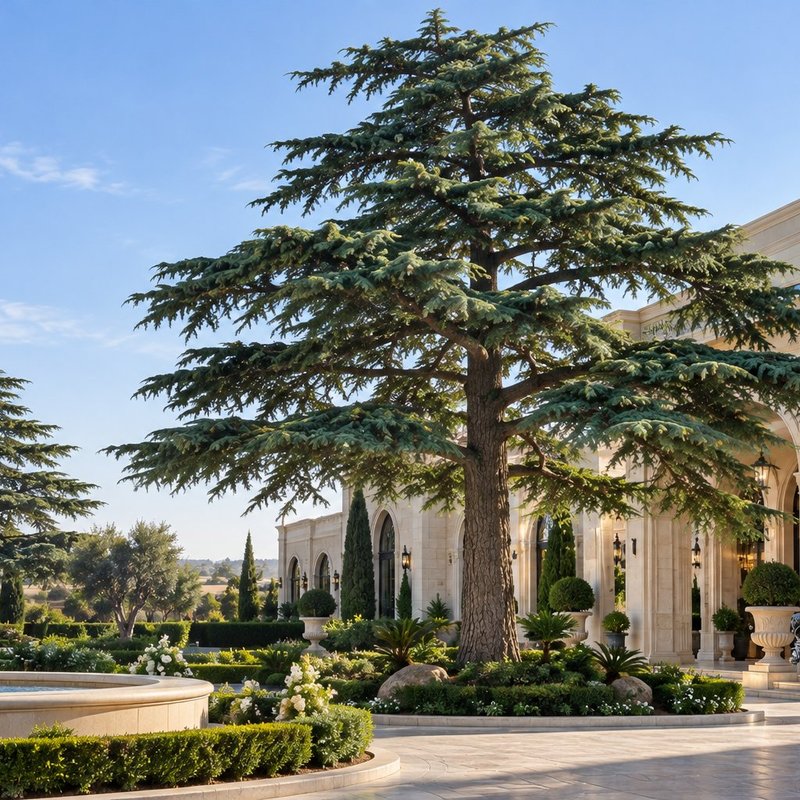 Artificial date palms along the entrance drive of an international school