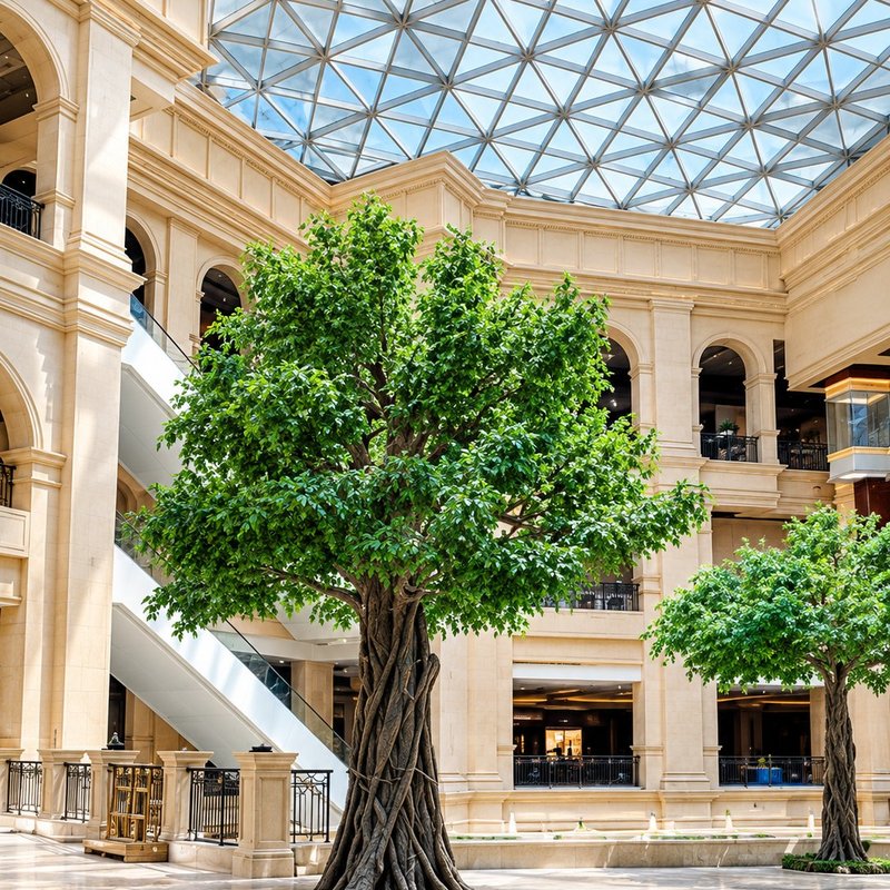 Large artificial ficus tree in a shopping-mall atrium
