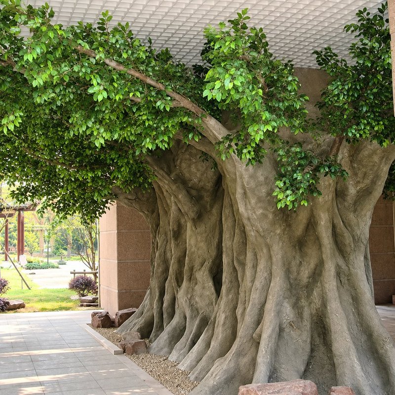 Giant artificial banyan tree under a stone portico