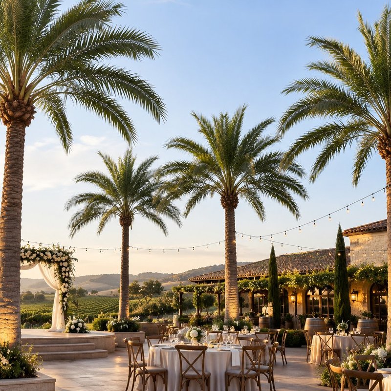 Artificial palms around an outdoor wedding banquet