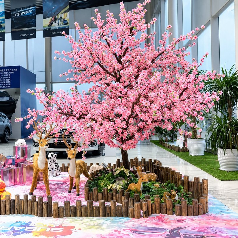 Pink artificial cherry blossom tree inside a car showroom
