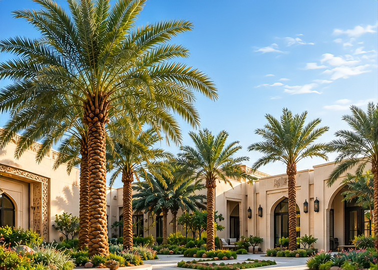 Row of tall artificial date palms lining the courtyard of a resort-style building