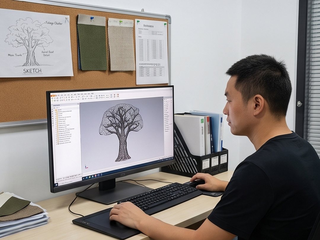 Engineer rebuilding the approved tree sketch as a 3D CAD wireframe model on screen