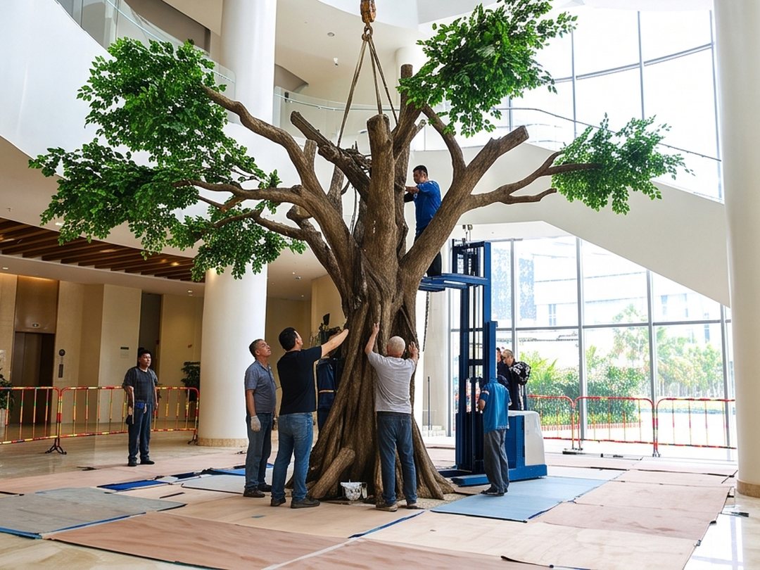 Installation team positioning a large artificial tree in a hotel atrium