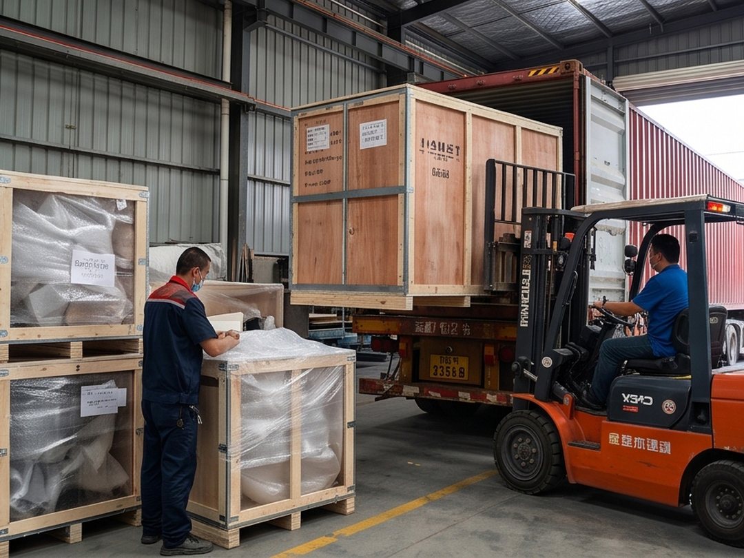 Timber export crates of artificial trees being forklifted into a shipping container