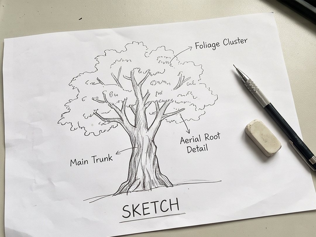 Hand-drawn pencil sketch of a custom artificial tree with foliage cluster, main trunk and aerial root annotations