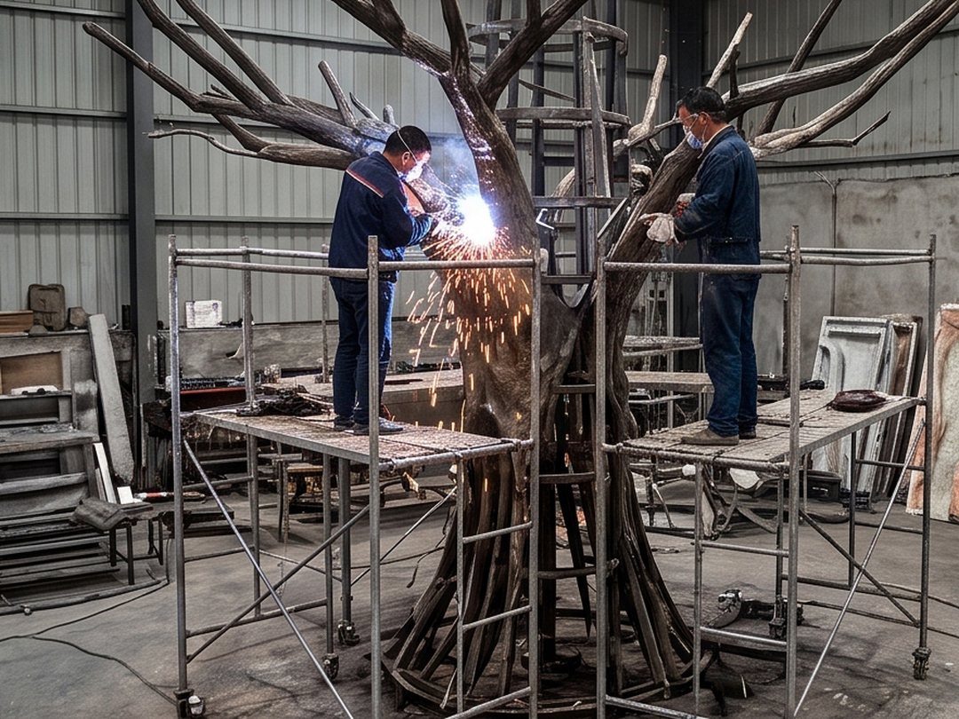 Two fabricators welding the galvanised steel core of a large artificial tree inside the workshop