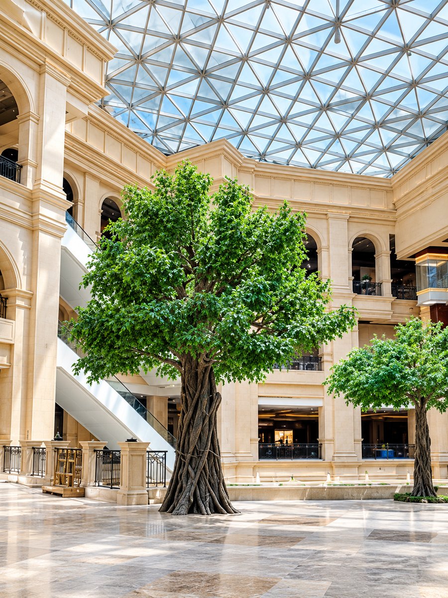 Large artificial ficus tree for shopping mall atrium under a glass dome