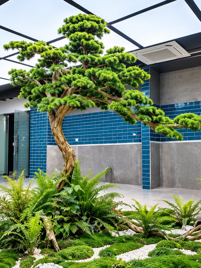 Shaped artificial bonsai pine tree with moss landscape for indoor courtyards