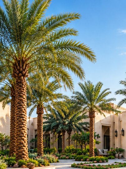 Artificial date palm trees for desert resort and hotel courtyard landscaping