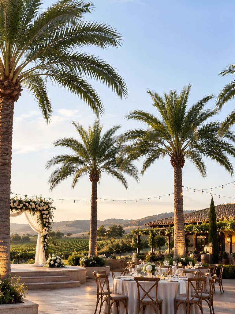 Artificial palms dressed for outdoor wedding and event venues
