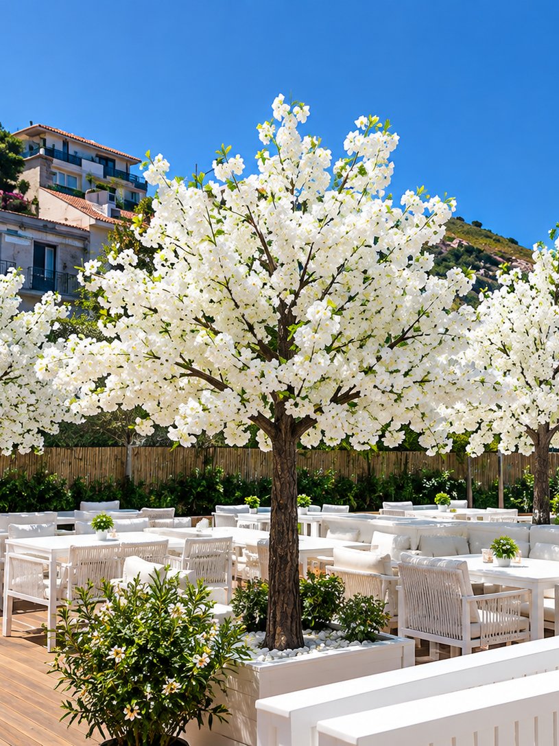 White artificial cherry blossom trees for hotel terrace and wedding venue decoration