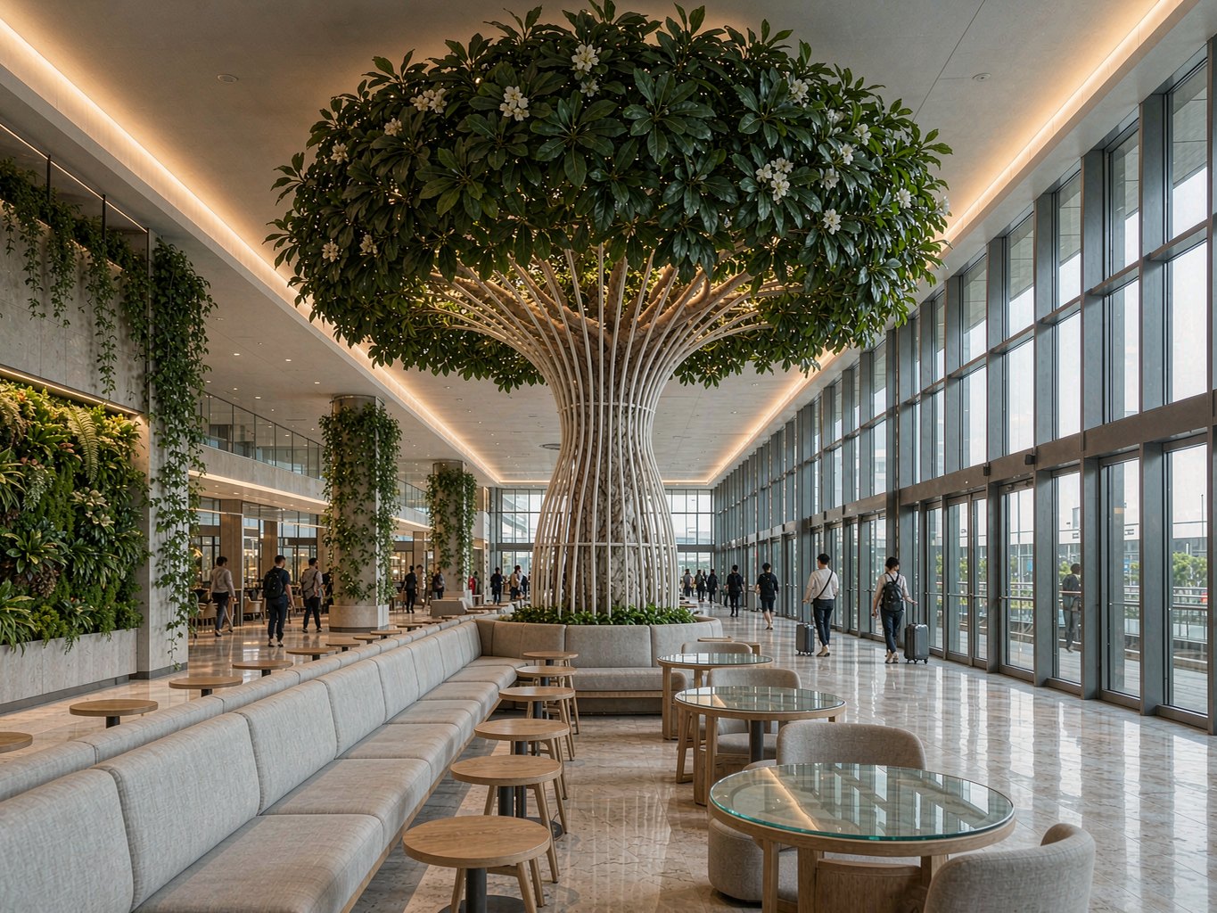Airport departure lounge with an artificial flowering tree canopy over traveller seating — transit hub project