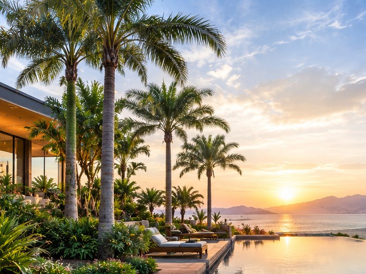 Artificial palm trees along the infinity pool of a beachfront resort at sunset