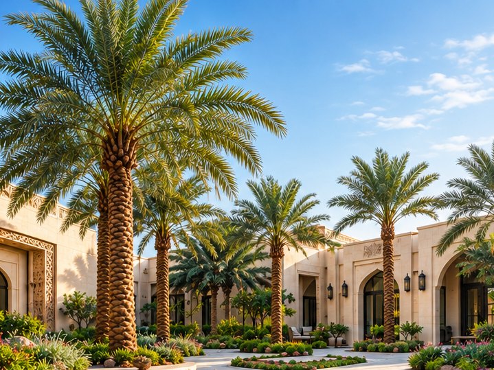 Artificial palms and planting in the courtyard of a private villa