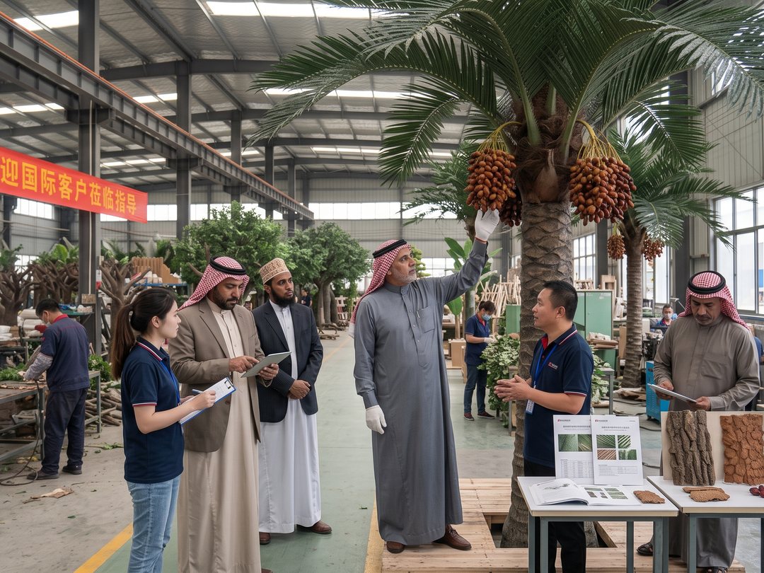 International client engineering teams visiting our factory to review steel frames, foliage samples and flame-retardant test reports